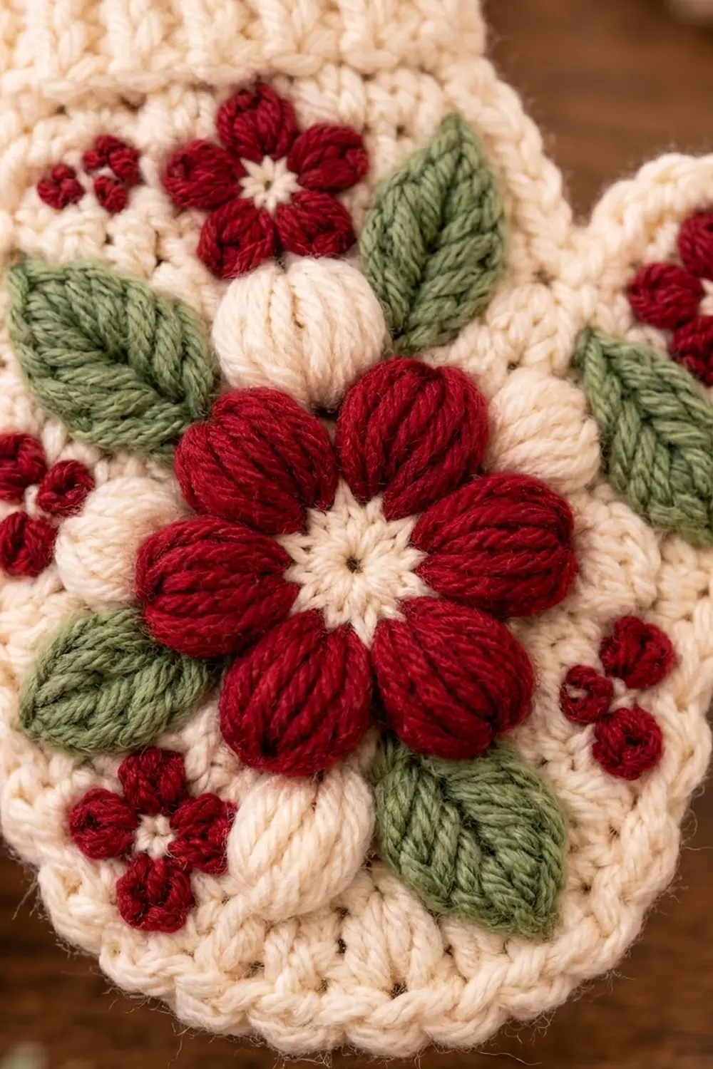 Textured crochet flowers in red with cream centers and green leaves on a cream-colored knit background.