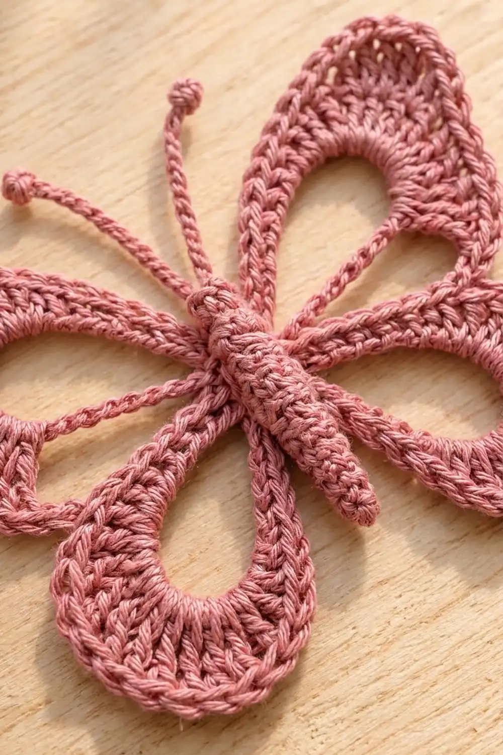 Dusty rose crocheted lace with open looped stitches and textured details on light wood.