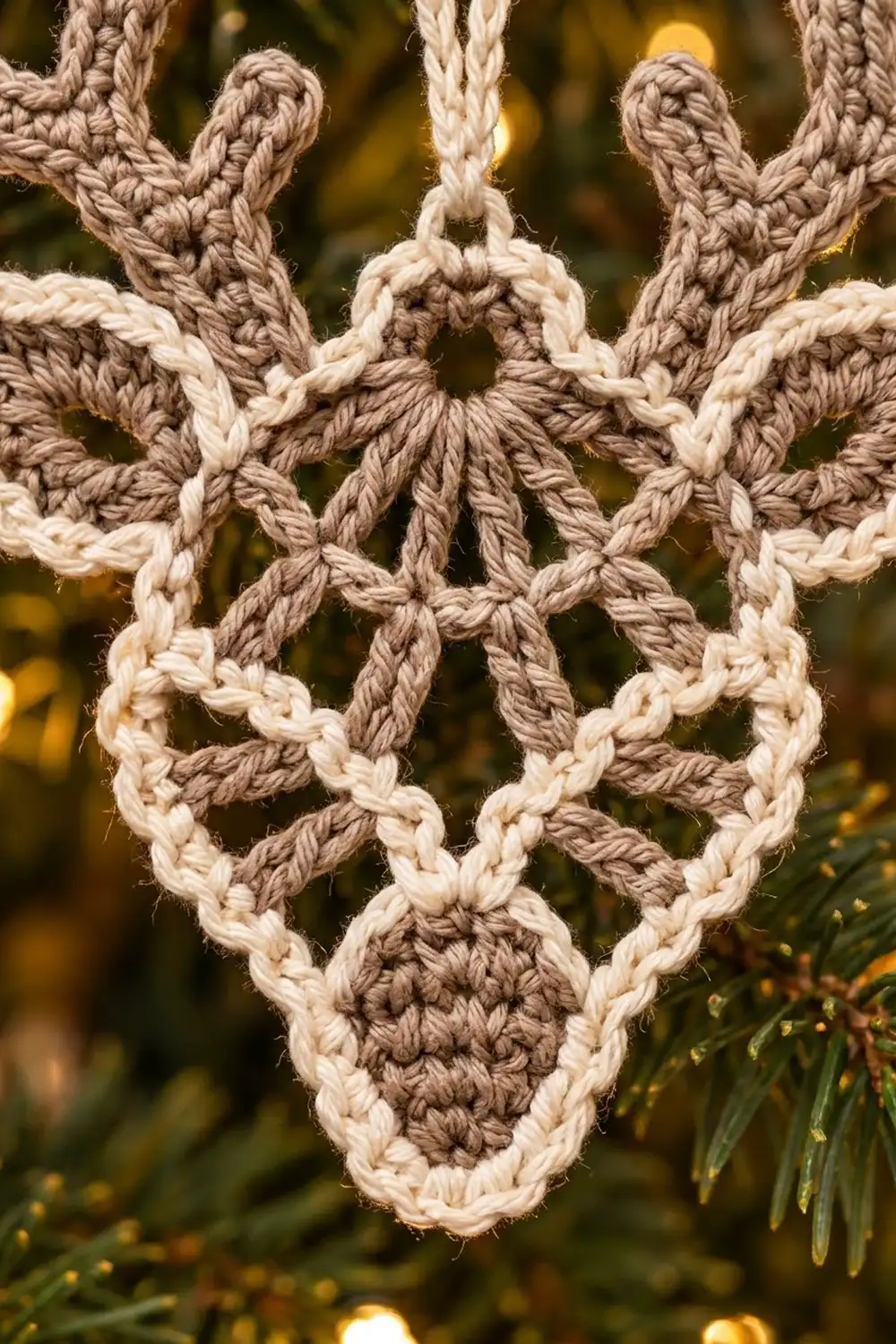 Crocheted snowflake ornament with cream and tan striped yarn in geometric pattern against blurred bokeh lights.