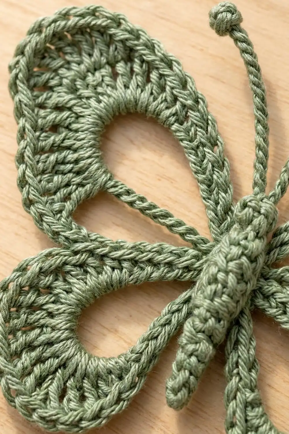 Sage green crocheted braided cord with knotted ends on light wood background showing texture detail.