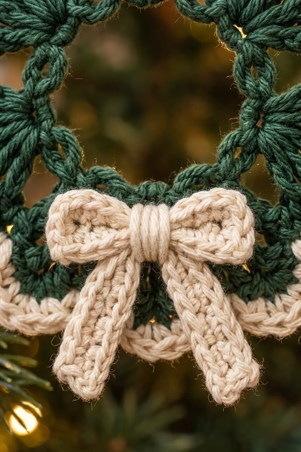 Cream-colored crocheted bow tied with green braided yarn forming a decorative border on a blurred golden background.