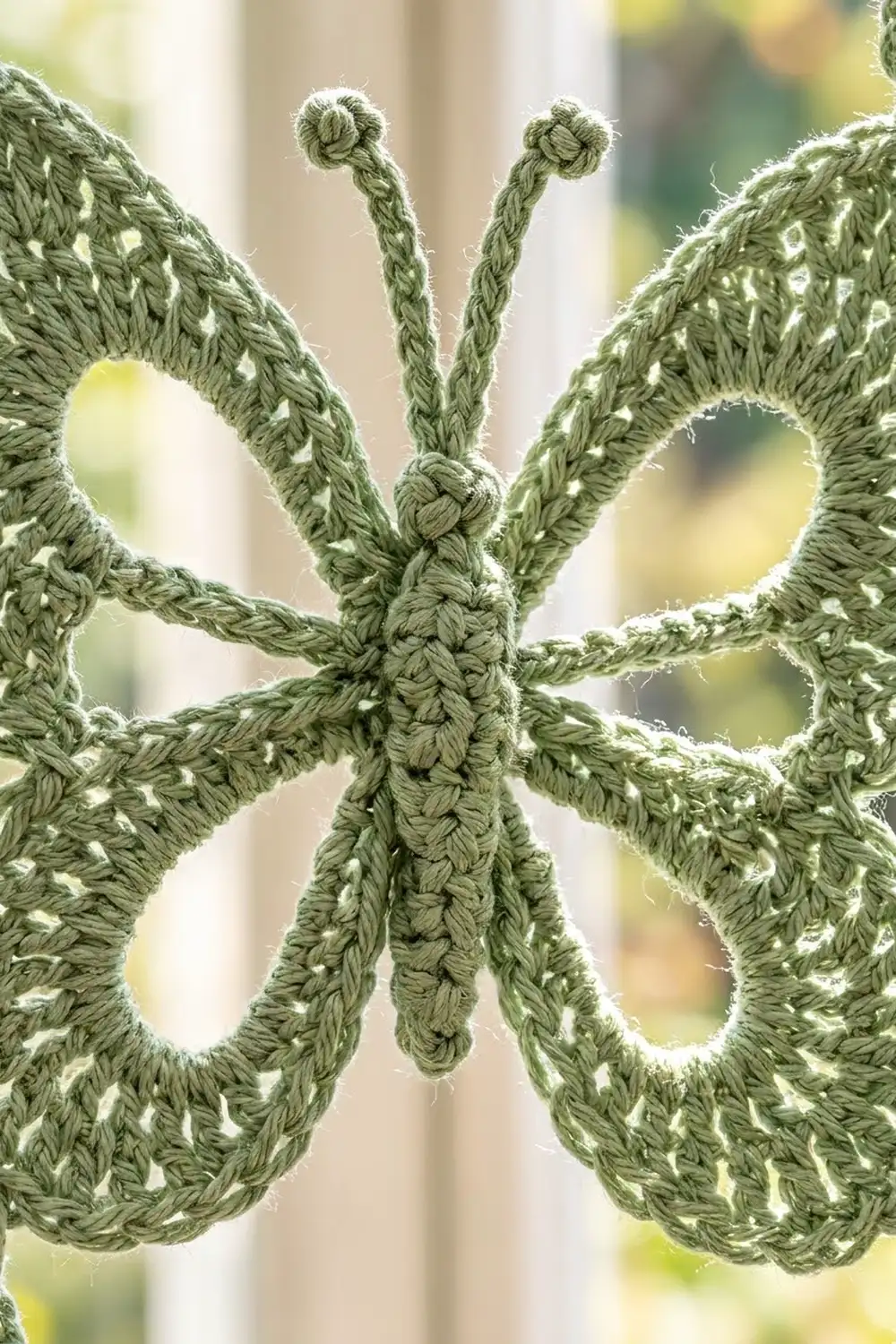Sage green crochet star with twisted braided antennae and knotted ends against a soft-focused background.