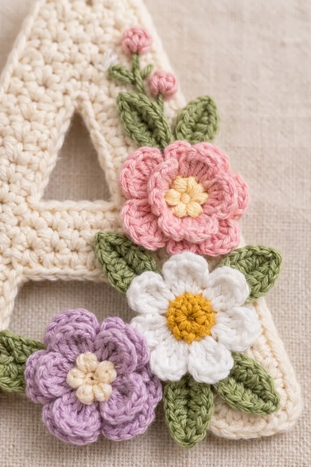Detailed crochet flowers in purple, pink, and white with yellow centers attached to cream-colored knitted fabric.