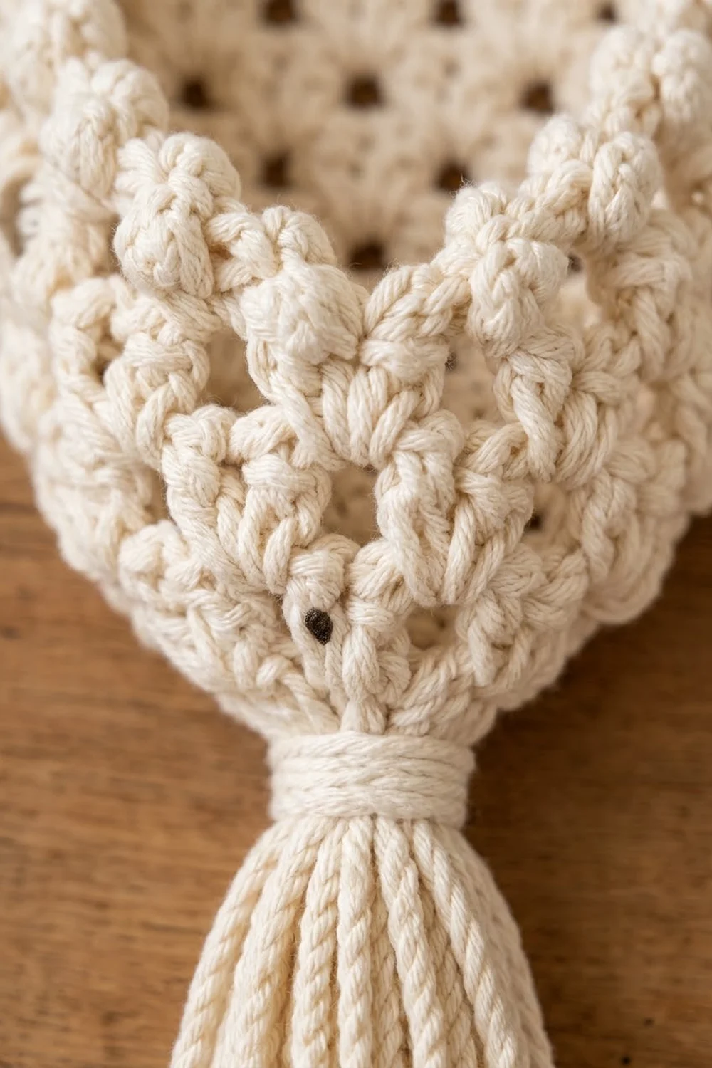 Close-up of cream crocheted toy head with beaded eyes and twisted yarn texture on wooden surface.