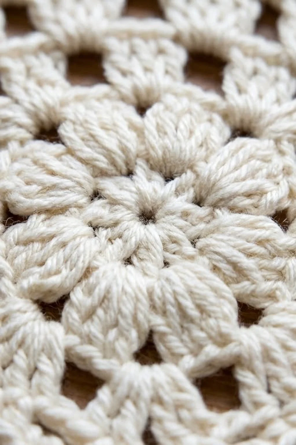 Cream-colored crochet featuring open flower motifs and textured rope yarn in an intricate, airy lacey pattern.