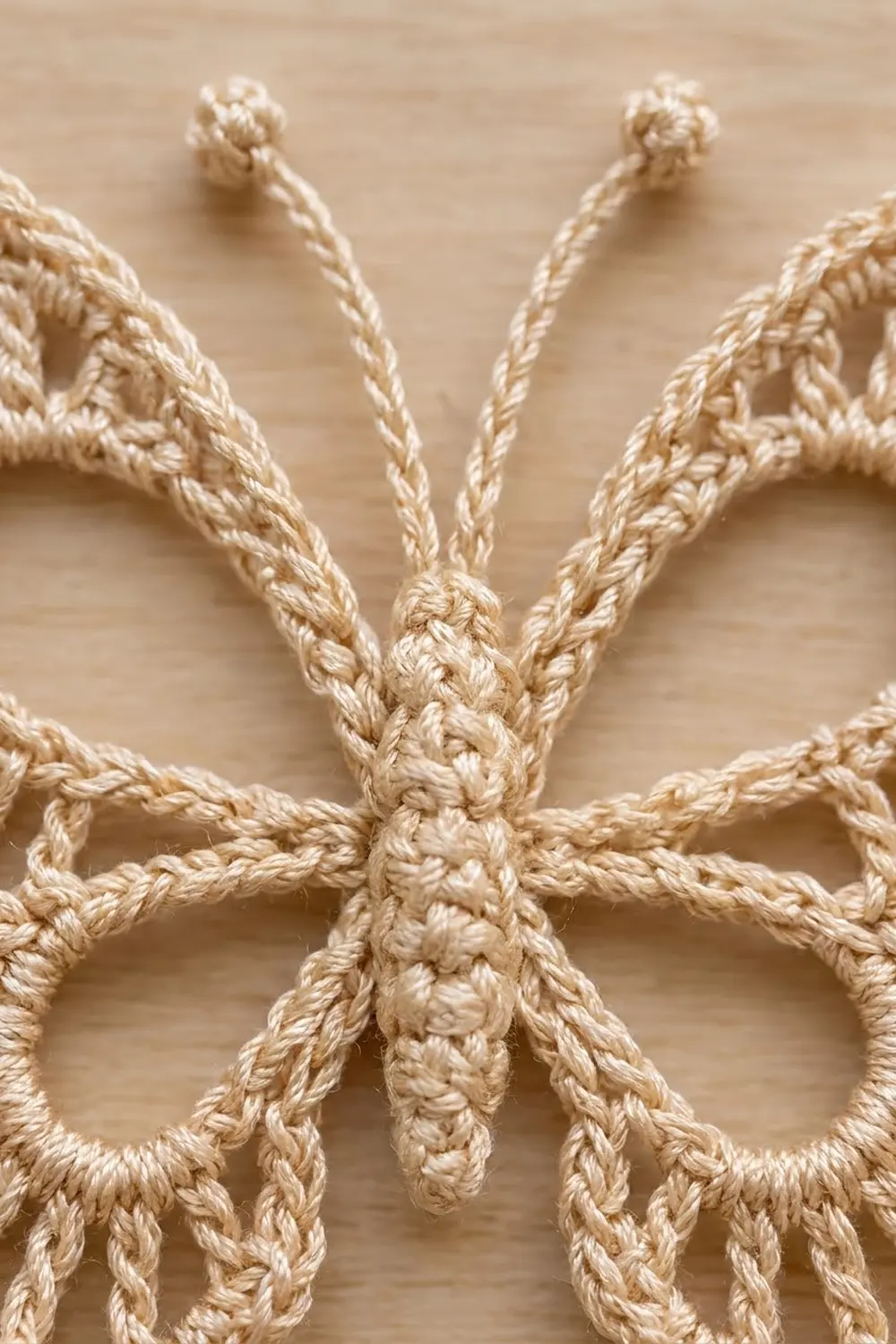 Close-up of cream-colored crochet in geometric star pattern with braided rope accents on a light wooden surface.