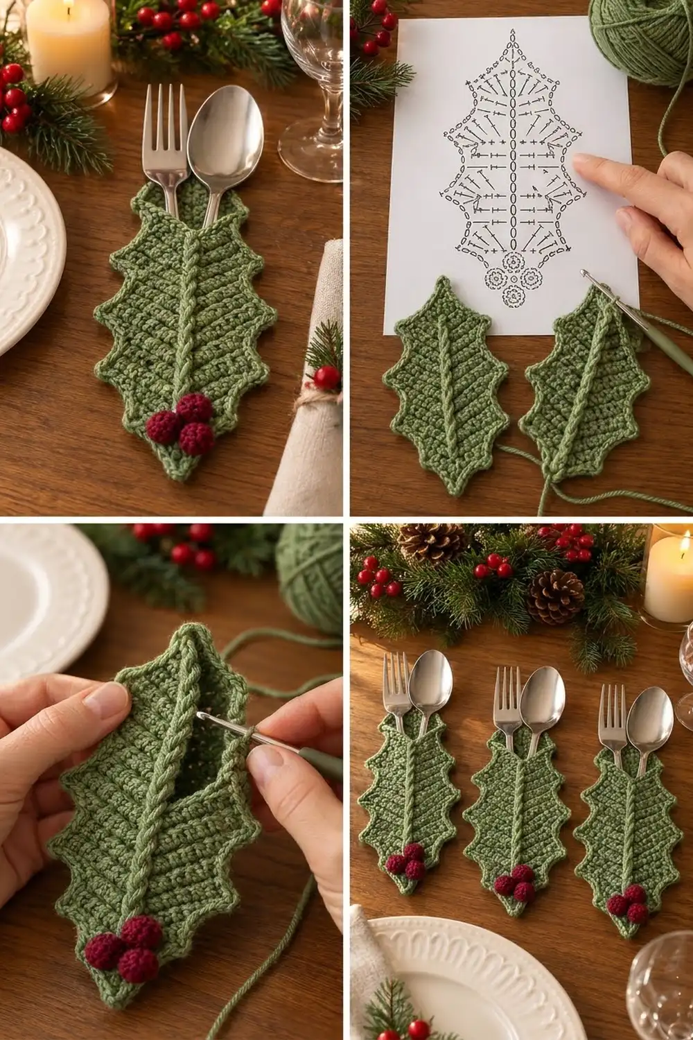 Collage of green crocheted holly leaf place holders with red berries shown on festive table settings and craft project details.