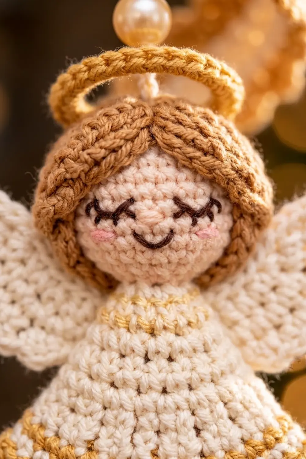 Crocheted doll with brown hair, smiling embroidered face, and cream body with rope halo, displayed on beige textured fabric.