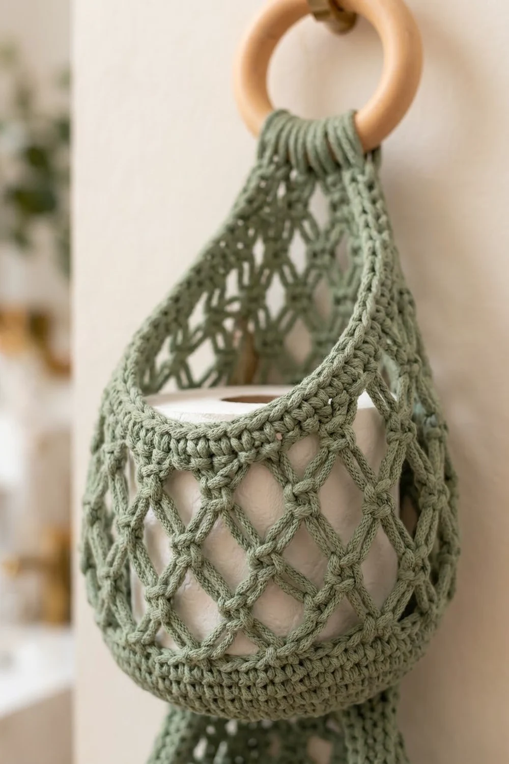 Sage green crocheted mesh bag with natural wooden handle suspended in a soft, minimalist interior setting.