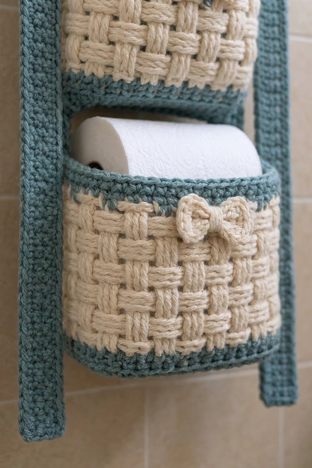 Crocheted toilet paper holder with teal edging and cream basket-weave pattern detail with decorative bow.