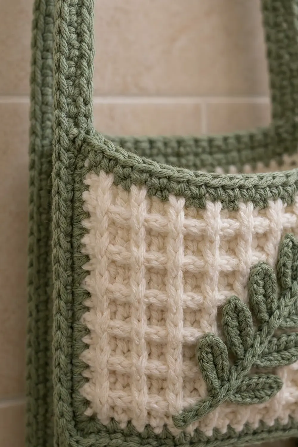 Crocheted blanket corner with sage green border and cream textured center panel.