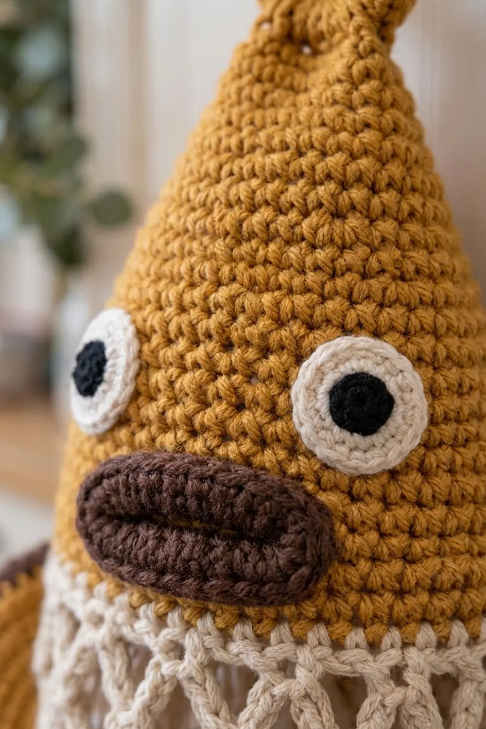 Close-up of a handmade mustard-yellow crocheted creature with white-ringed black eyes and brown smile against a soft, blurred interior background.