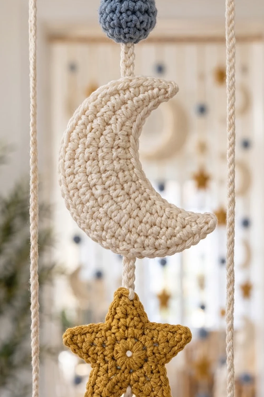 Crocheted moon, star, and ball ornaments in cream, gold, and blue hang from twisted rope strings in a soft, blurred nursery setting.