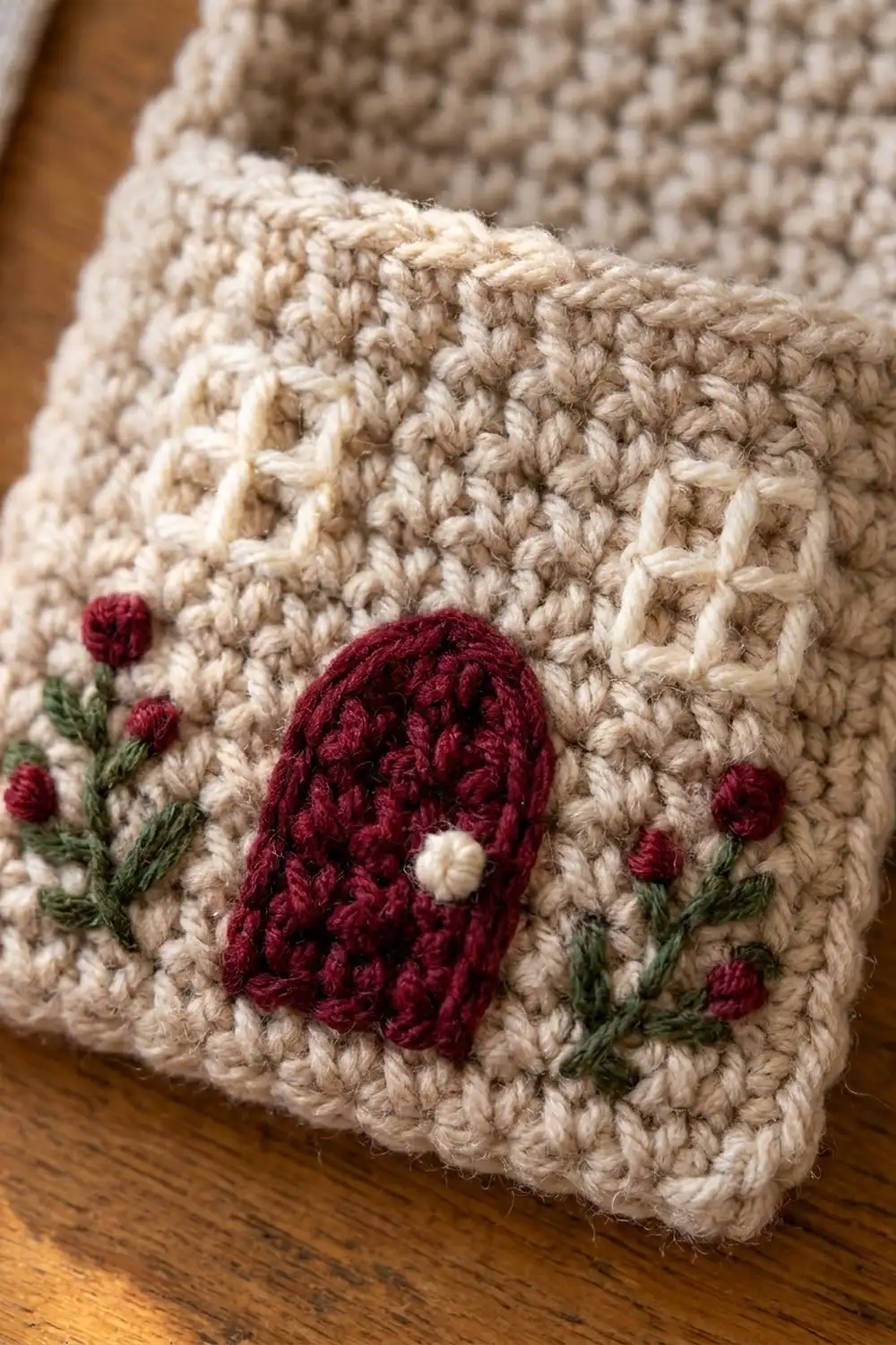 Crocheted beige fabric with applied burgundy flower and green leaves, displayed on a wooden surface.