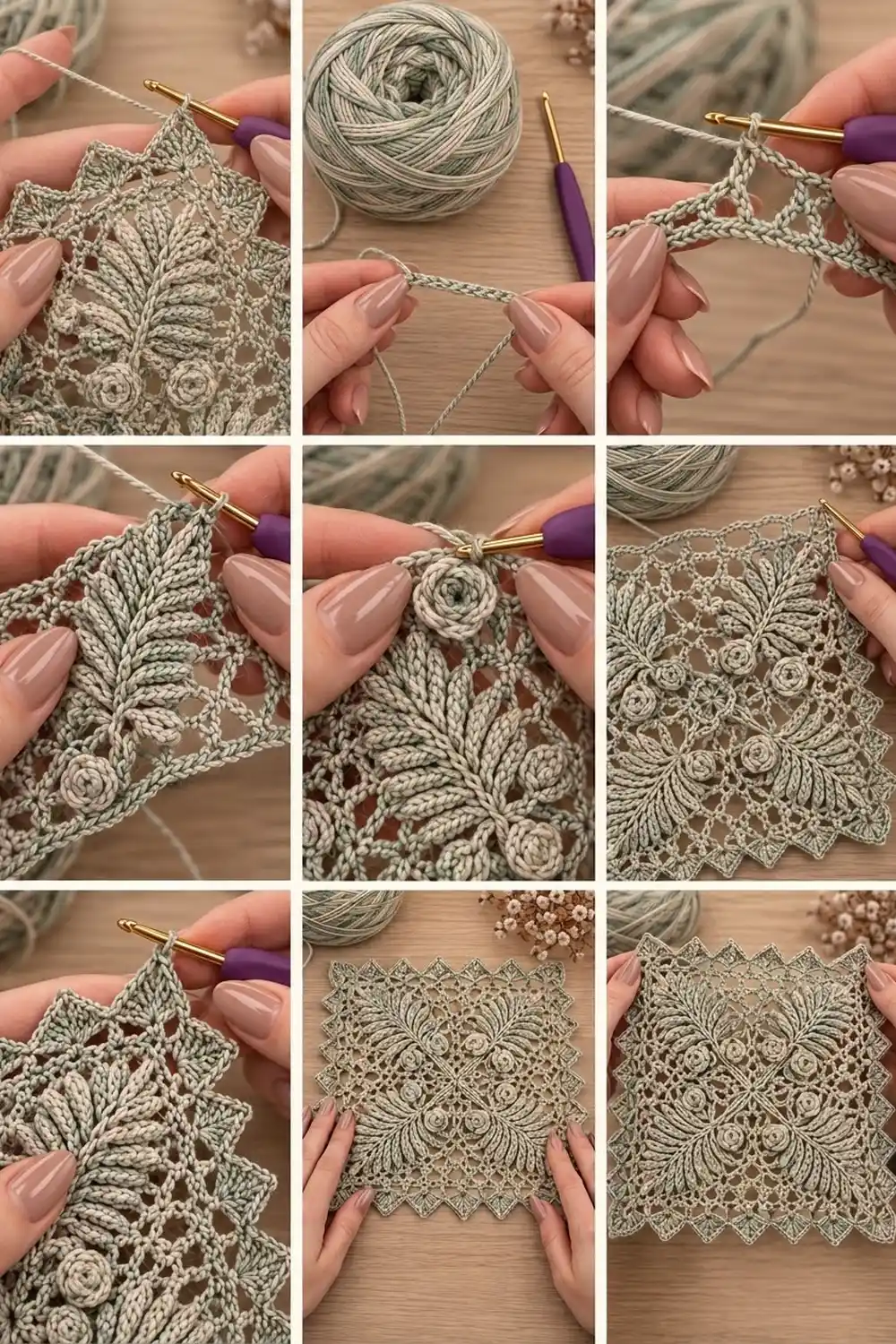 Hands crocheting cream-colored delicate lace featuring intricate floral and leaf details with a gold crochet hook.