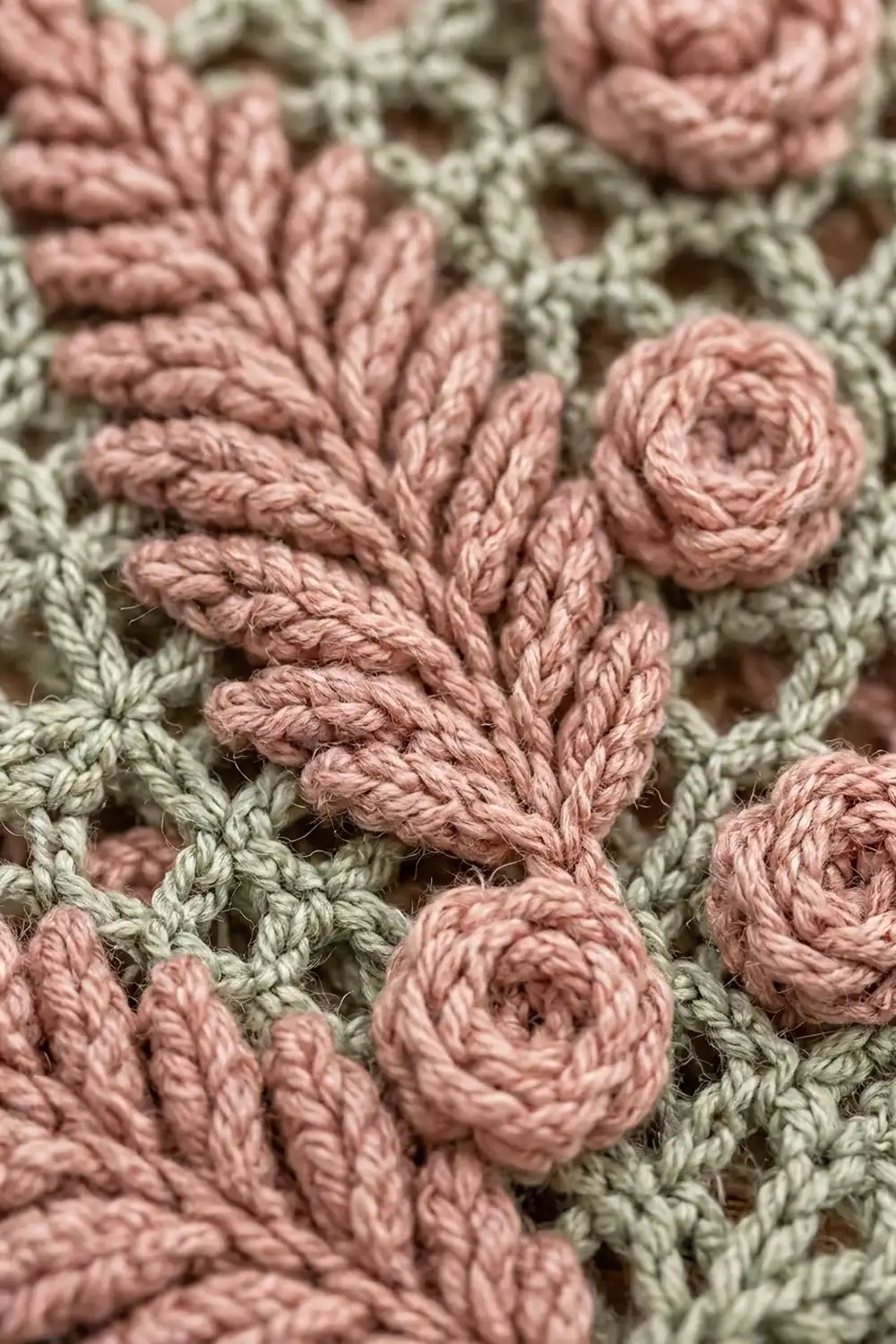 Detailed crochet stitches in dusty rose and sage green yarn featuring dimensional spiral flower motifs and textured relief.