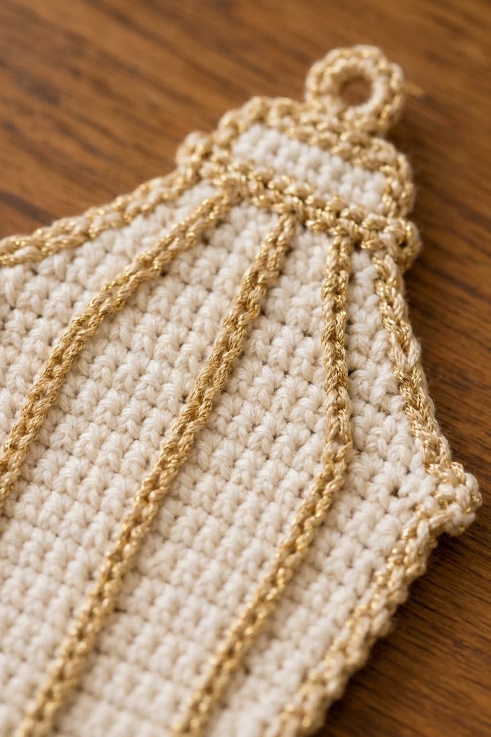 Close-up of cream crocheted coaster with gold metallic stripes and loop handle on wooden surface.
