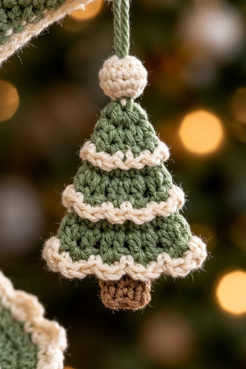 Handmade crocheted Christmas tree ornament with sage green body, cream-colored trim bands, and white pompom top against blurred bokeh background.