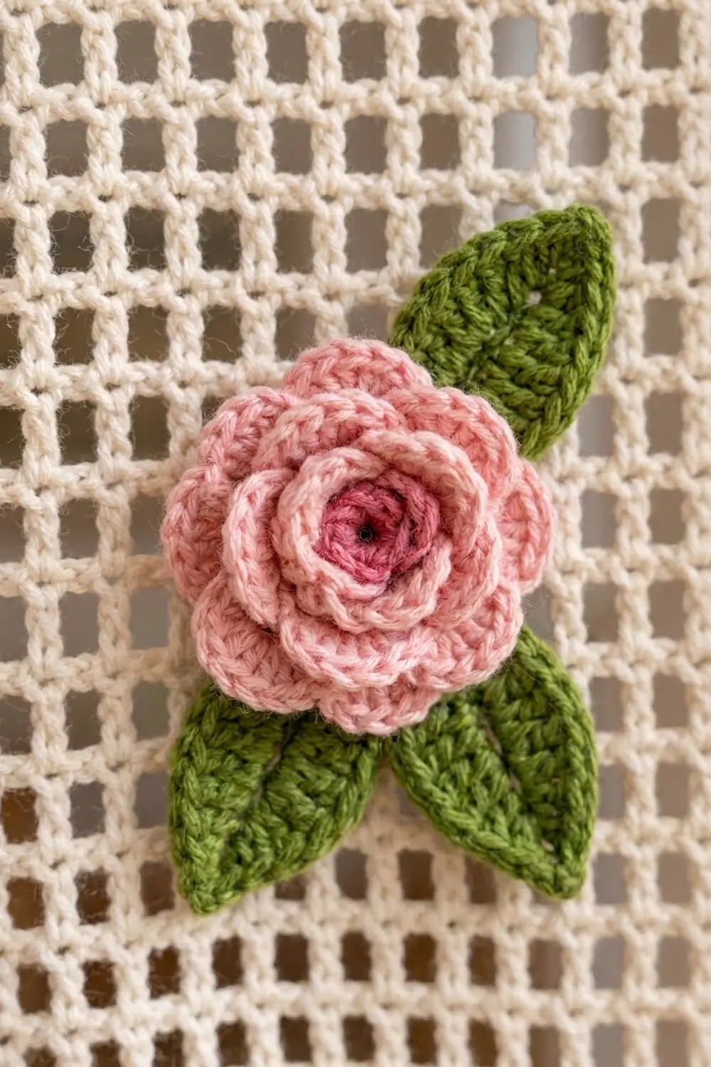 Handmade crocheted rose in pink with green leaves on a cream lattice-pattern fabric background.