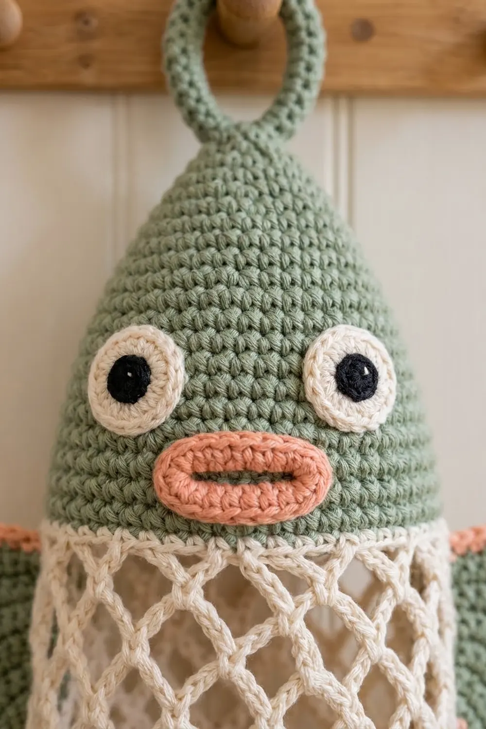 Sage-green crocheted plush toy with oversized white eyes, black pupils, coral mouth, and cream lower body section.