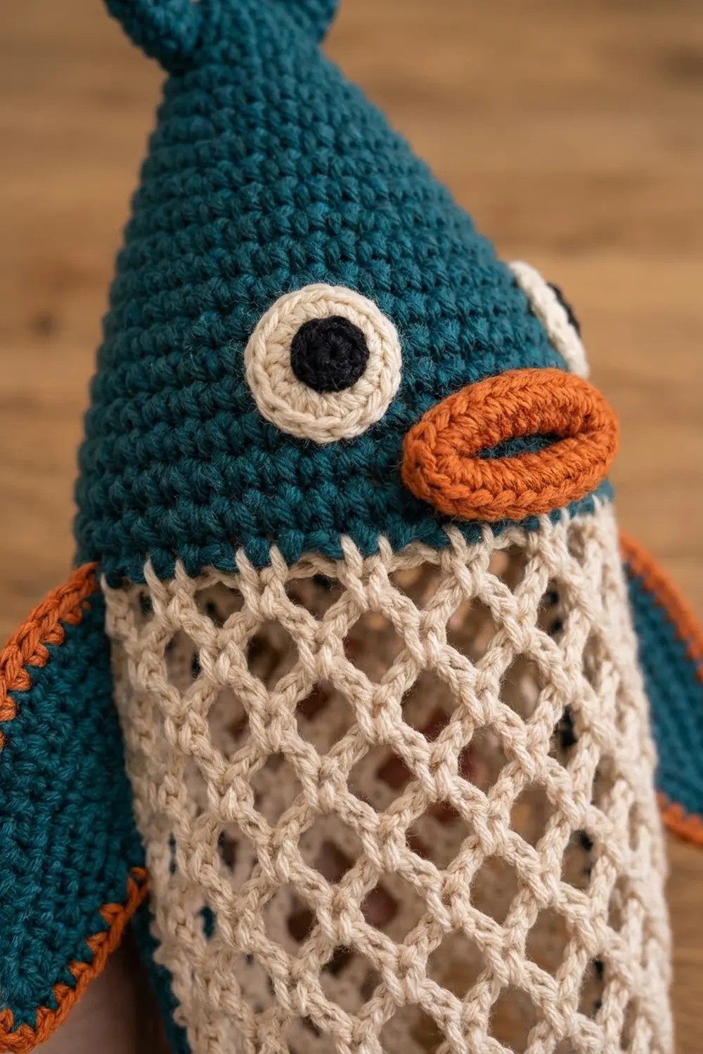 Crocheted owl with teal head, white-rimmed black eye, orange beak, and cream mesh body against a blurred tan background.