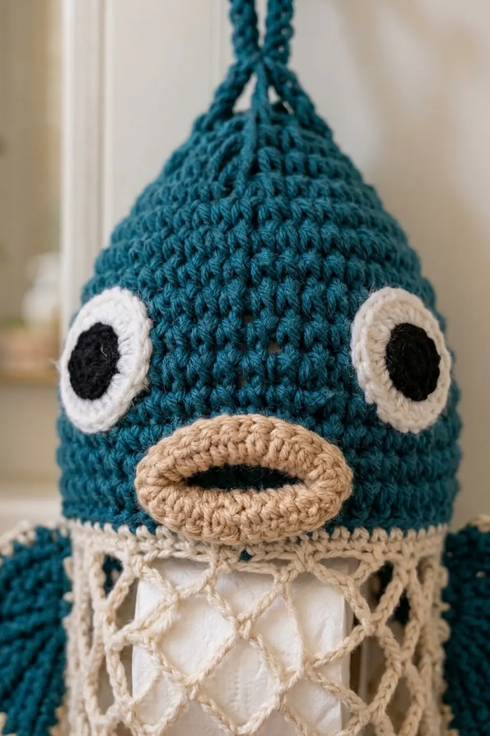Crocheted teal bird toy with white-rimmed black eyes, tan beak, and cream openwork body detail against blurred indoor background.