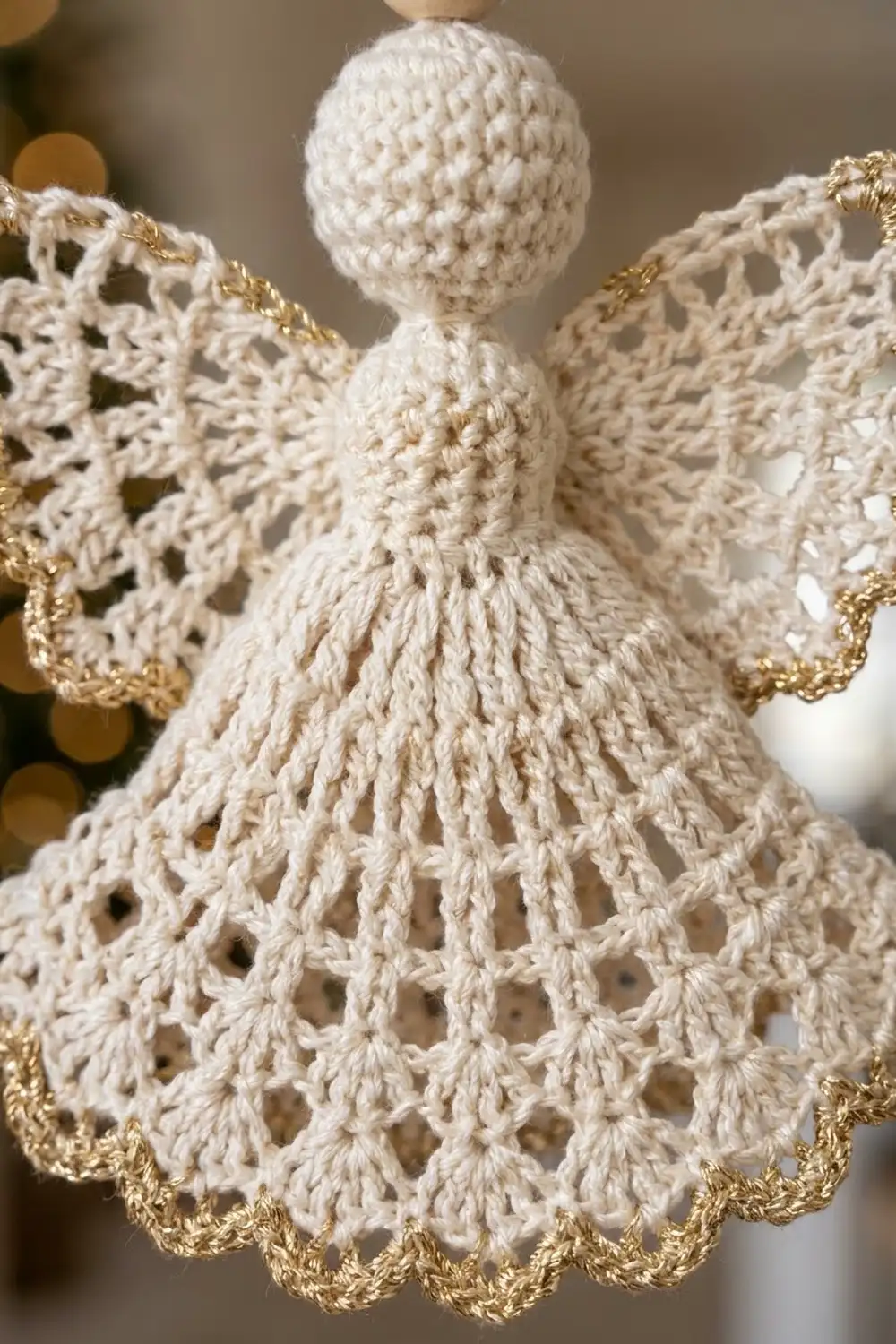 Delicate cream crocheted angel with openwork lacy wings trimmed in gold metallic on blurred background.