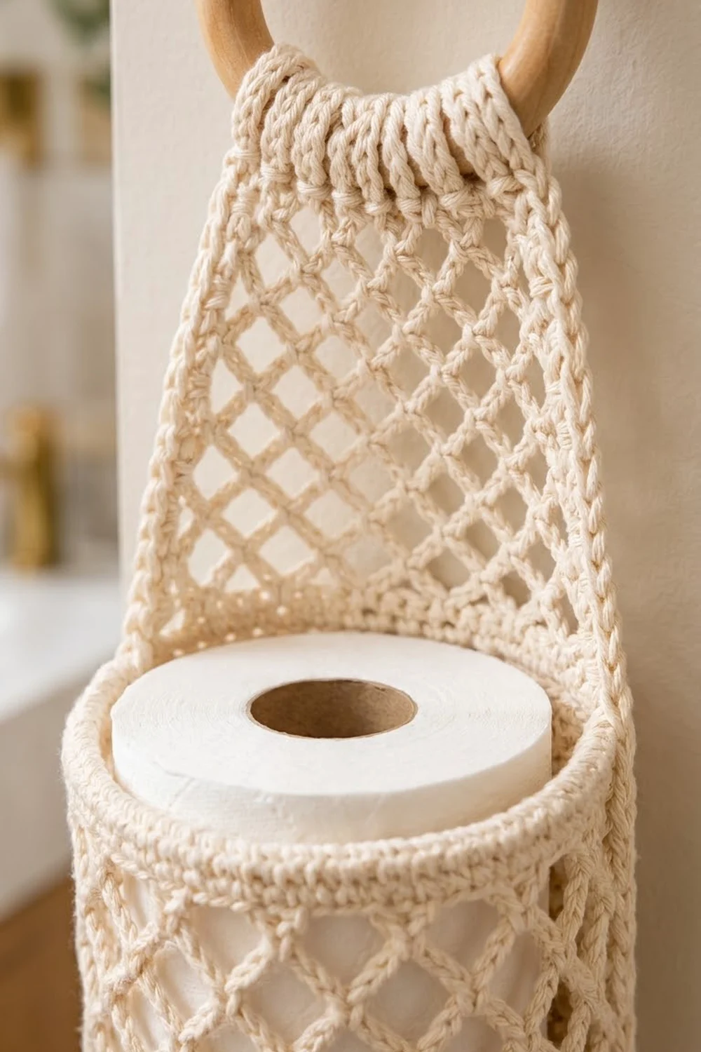 Cream macramé tissue holder with geometric lattice design, natural wood handles, and white roll inside.
