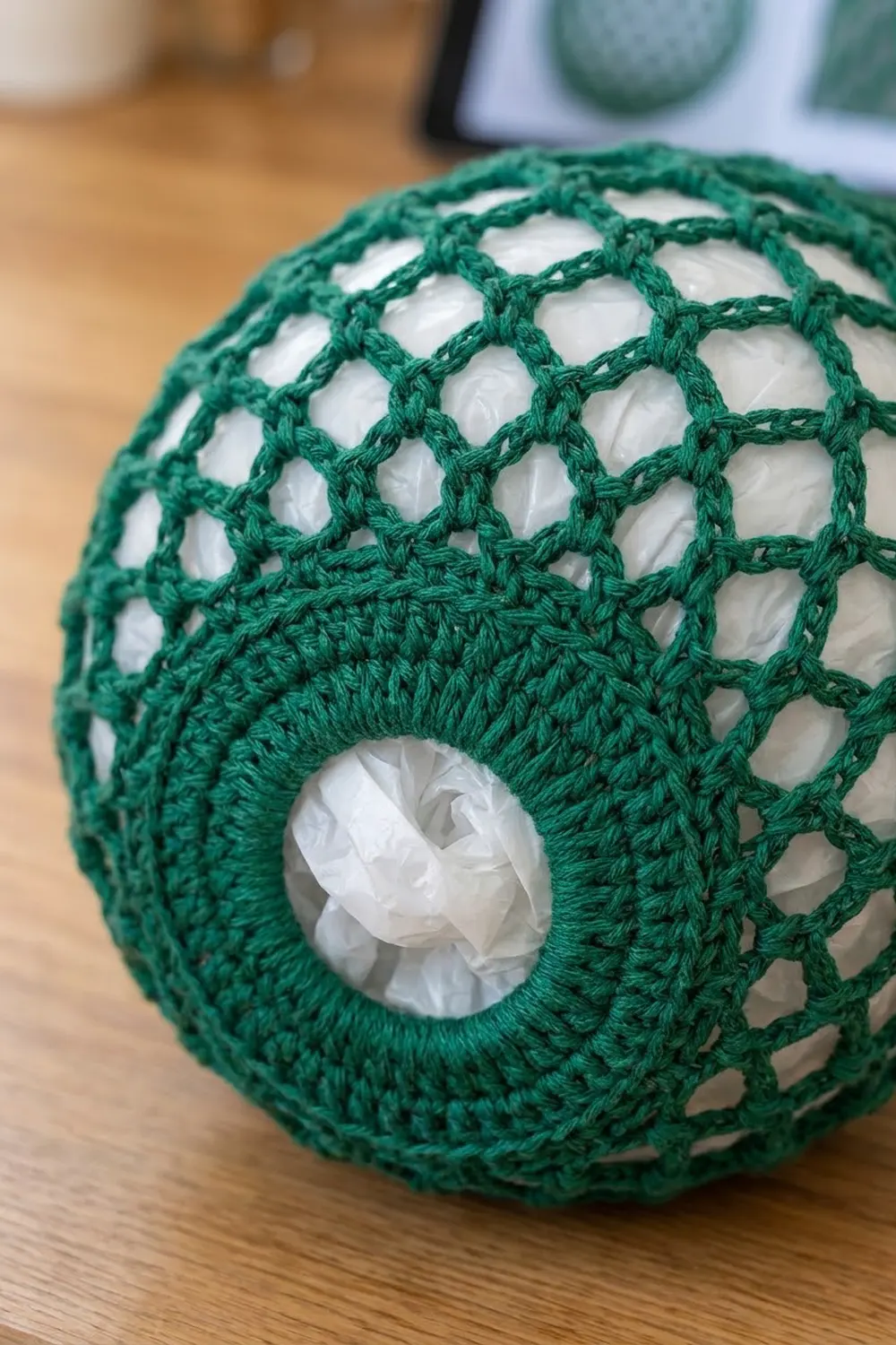 Crocheted green sphere with open diamond-pattern weave revealing white fiberfill stuffing, on a wooden surface.