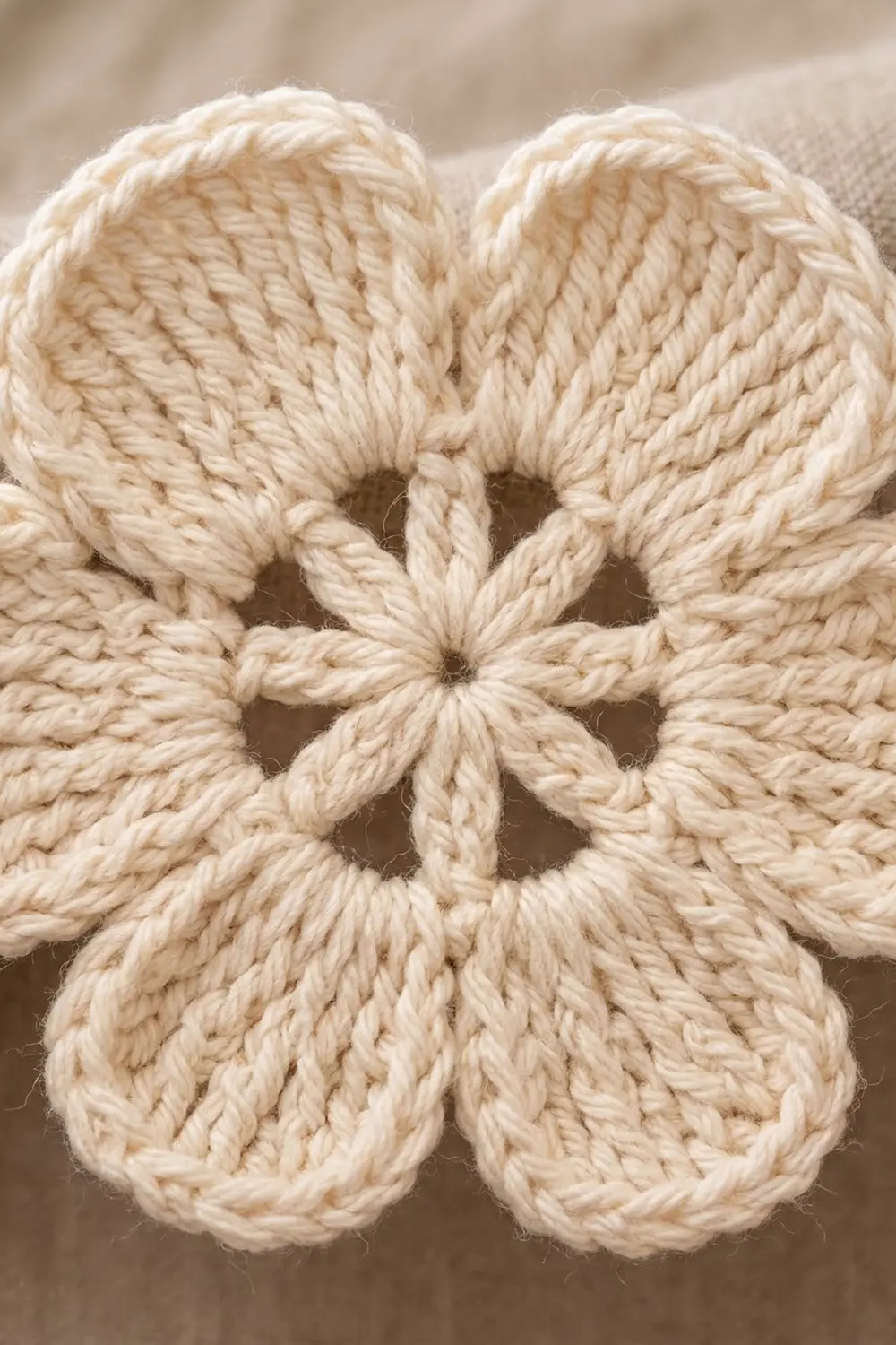 Cream-colored crocheted four-petal flower detail showing textured rope loops against a neutral tan background.