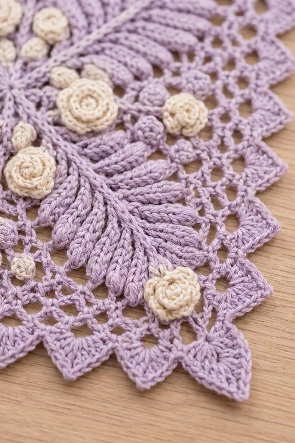 Delicate lavender crochet with cream flower appliqués and openwork pattern displayed on wood.