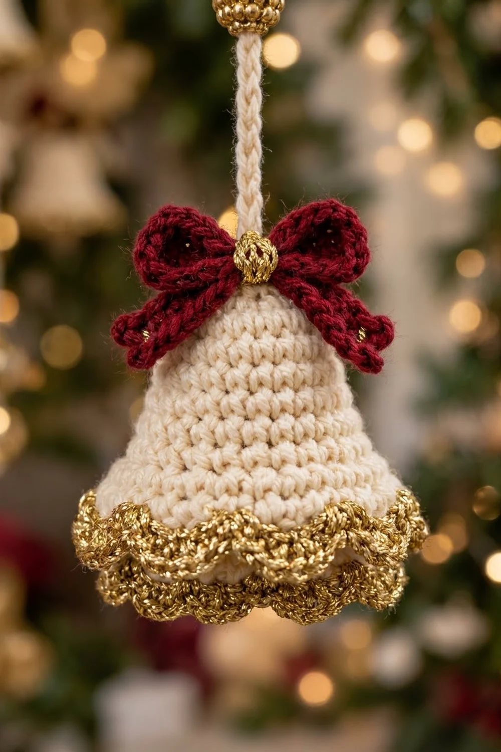 Crocheted cream-colored bell with burgundy bow and gold scalloped trim, hanging before twinkling holiday lights.