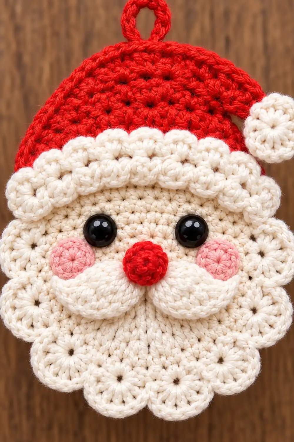Crocheted Santa ornament with red hat, white beard, pink cheeks, and black eyes against a wooden background.