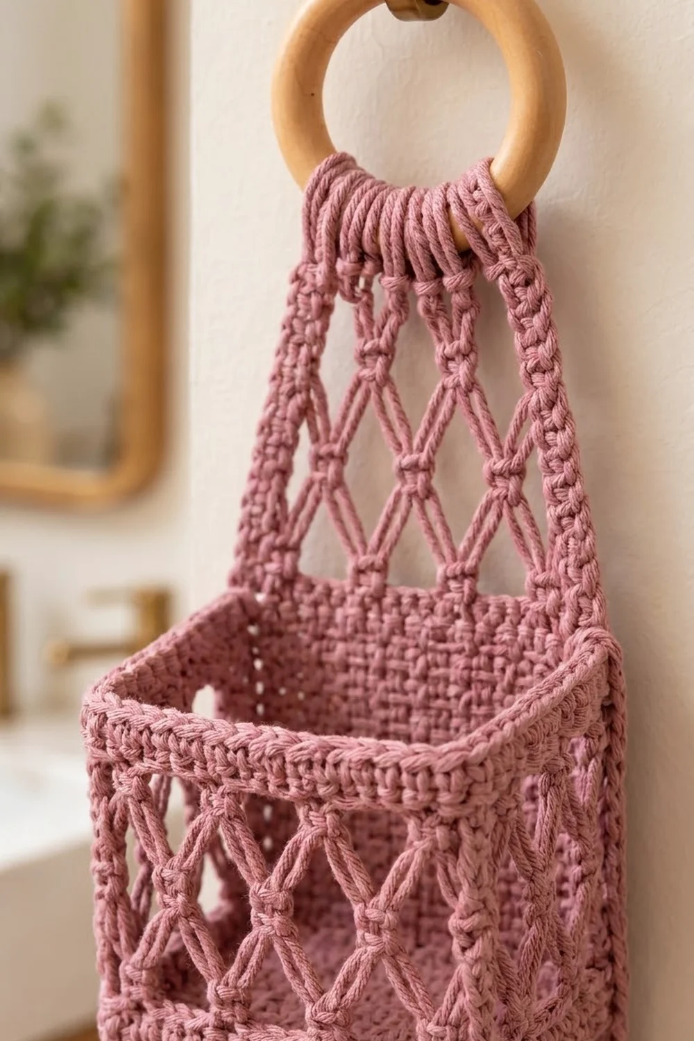 Dusty rose macramé basket with wooden handle showing intricate diamond patterns, styled in a soft, warm minimalist interior.