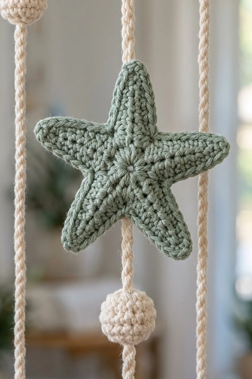 A crocheted sage green starfish hangs from cream braided rope with textured pompom details.