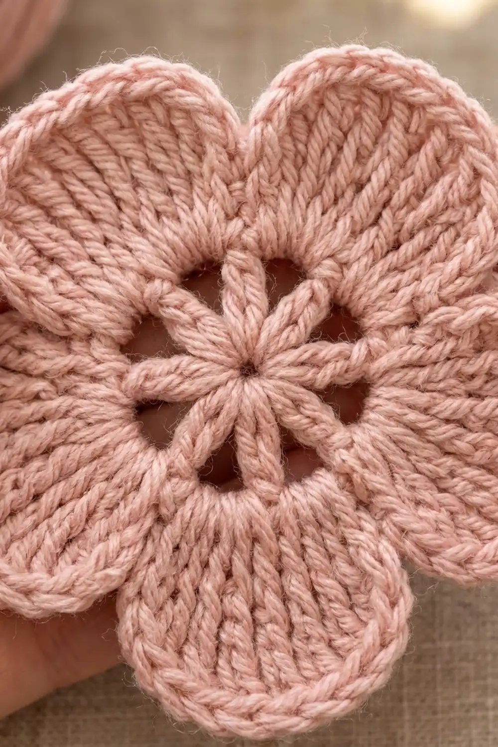 Close-up of a pale pink crocheted flower with detailed stitch texture and braided petals, displayed against a soft neutral background.