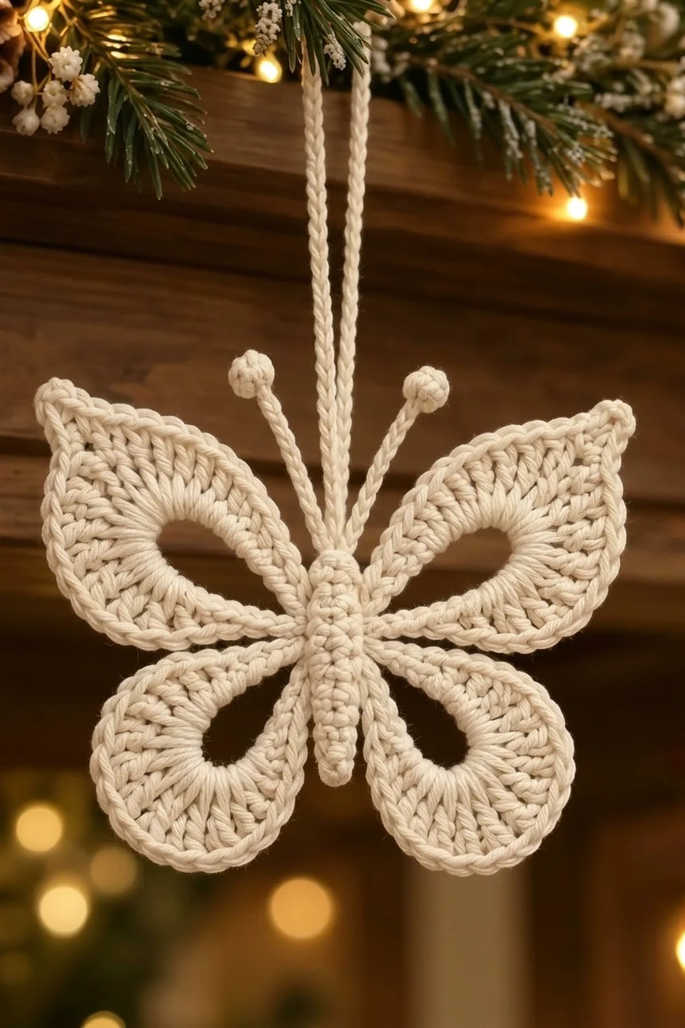 A cream-colored crocheted butterfly ornament hangs from twisted rope against a wooden background with evergreen garland and warm lights.
