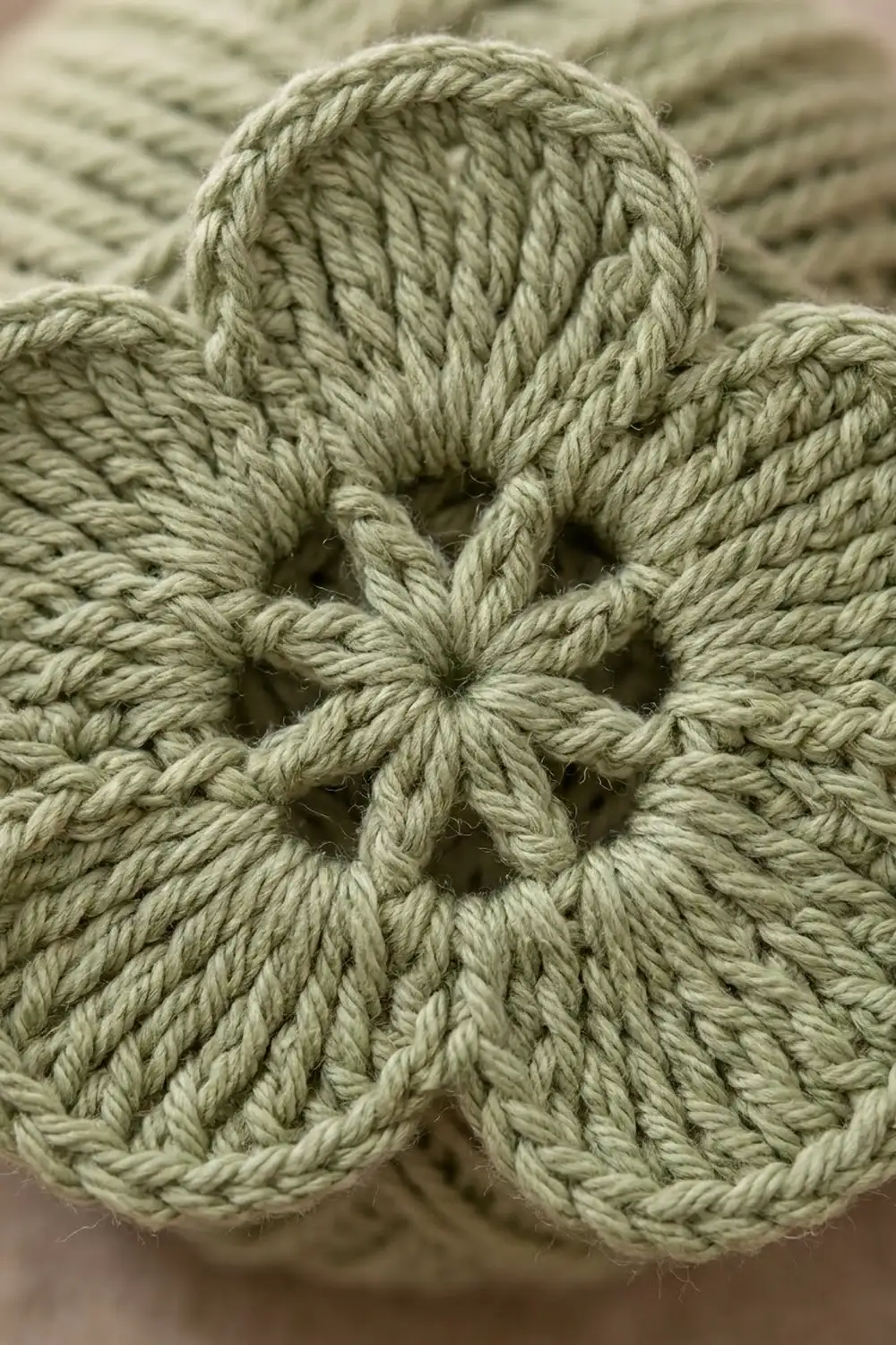 Sage-toned crochet showing twisted rope stitches with a prominent textured popcorn bobble detail at the center.