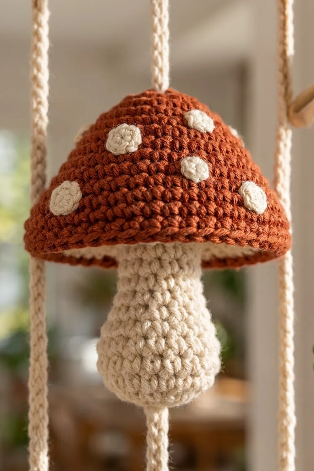 Handmade crochet mushroom with rust-red cap, white polka spots, and cream stem hanging from rope.