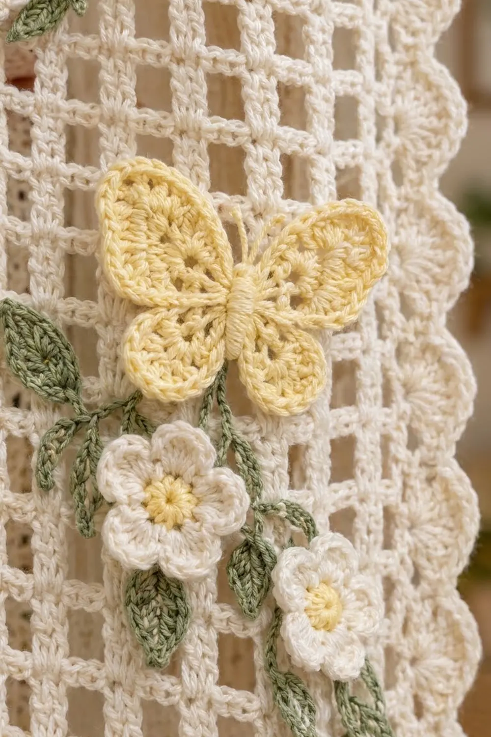 Crocheted pale yellow and white flowers with green leaves appliquéd to a cream mesh background.