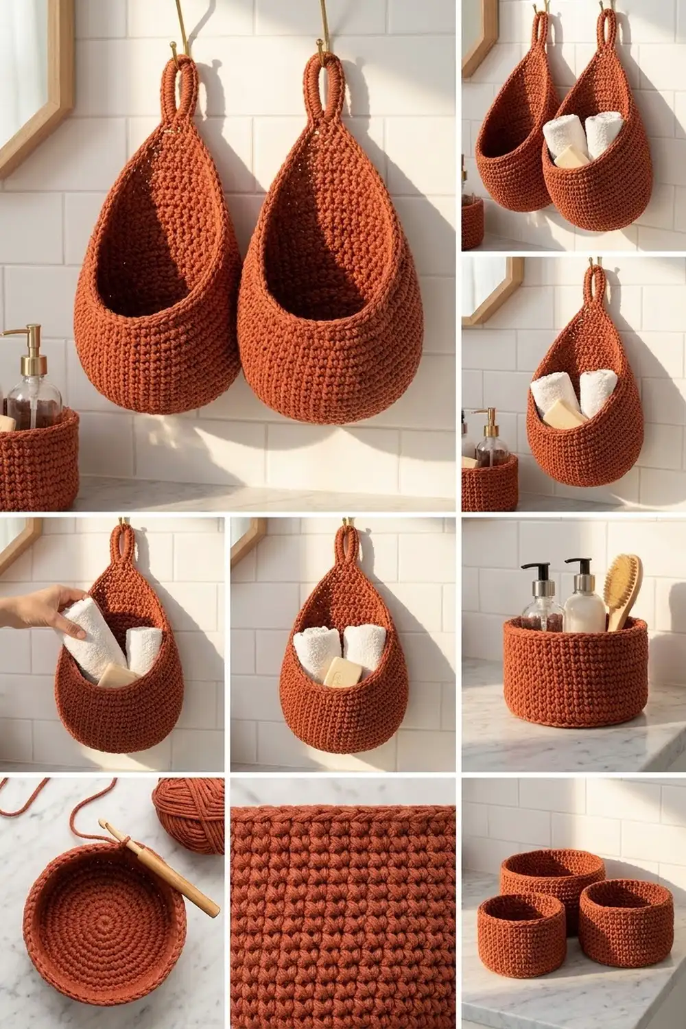 Burnt-orange crocheted storage baskets and containers with rope handles, displaying detailed stitch texture and functional design.