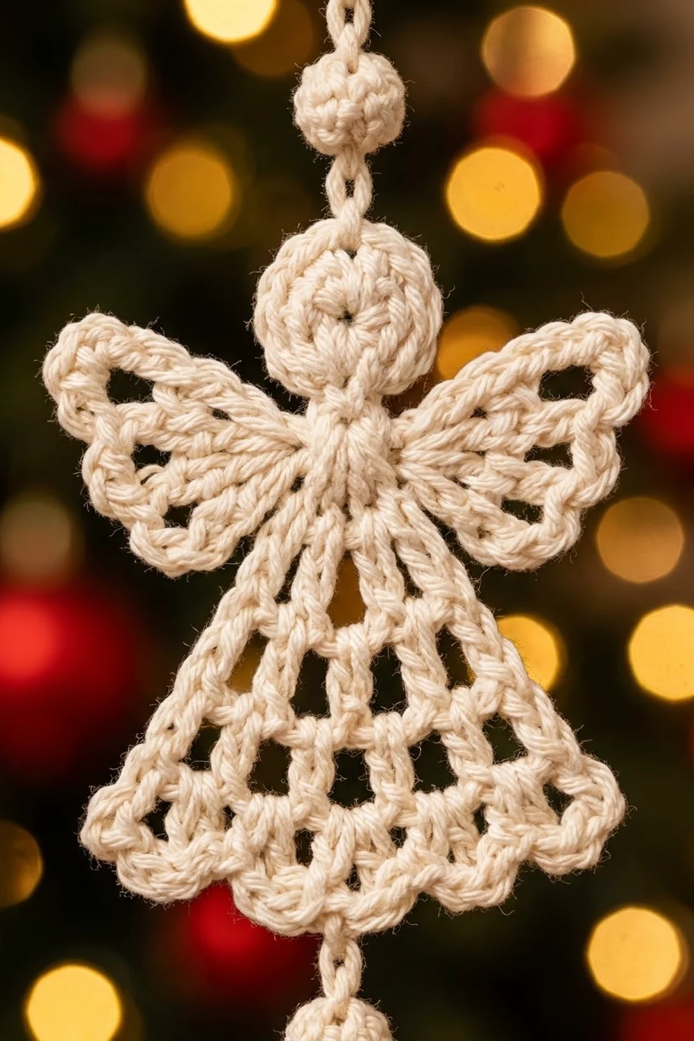 A cream-colored rope ornament shaped like an angel with wings hangs against a blurred bokeh background of warm lights.