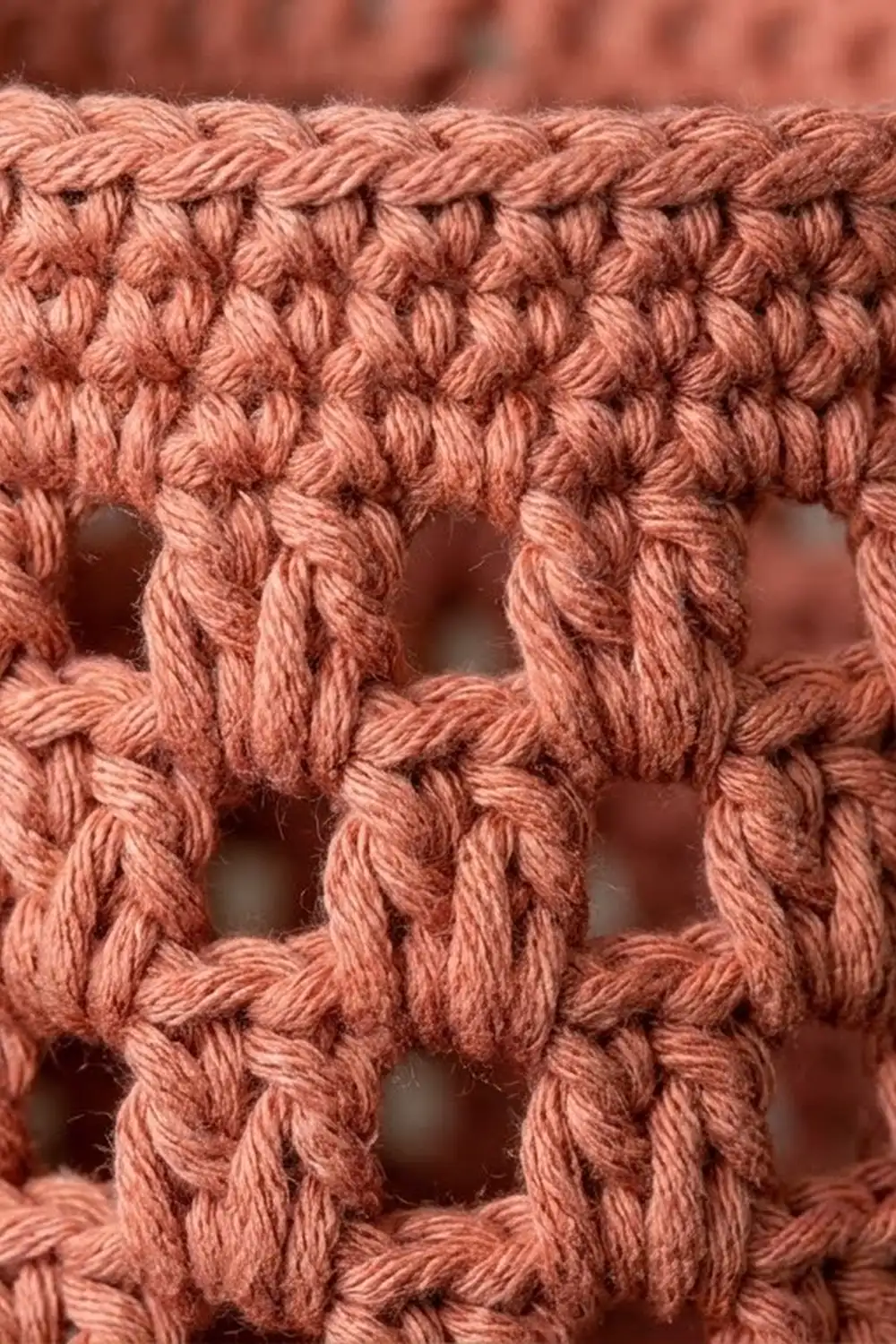 Detailed shot of dusty rose crochet with geometric mesh pattern and twisted-rope border edge.