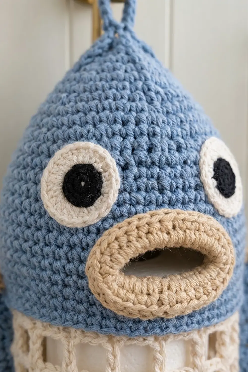 Blue crocheted character with white eyes, black pupils, and beige mouth showing chunky stitch texture.