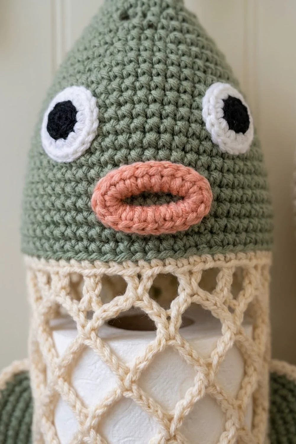 Crocheted amigurumi with sage-green head, white-and-black button eyes, coral mouth, and cream openwork lower body.