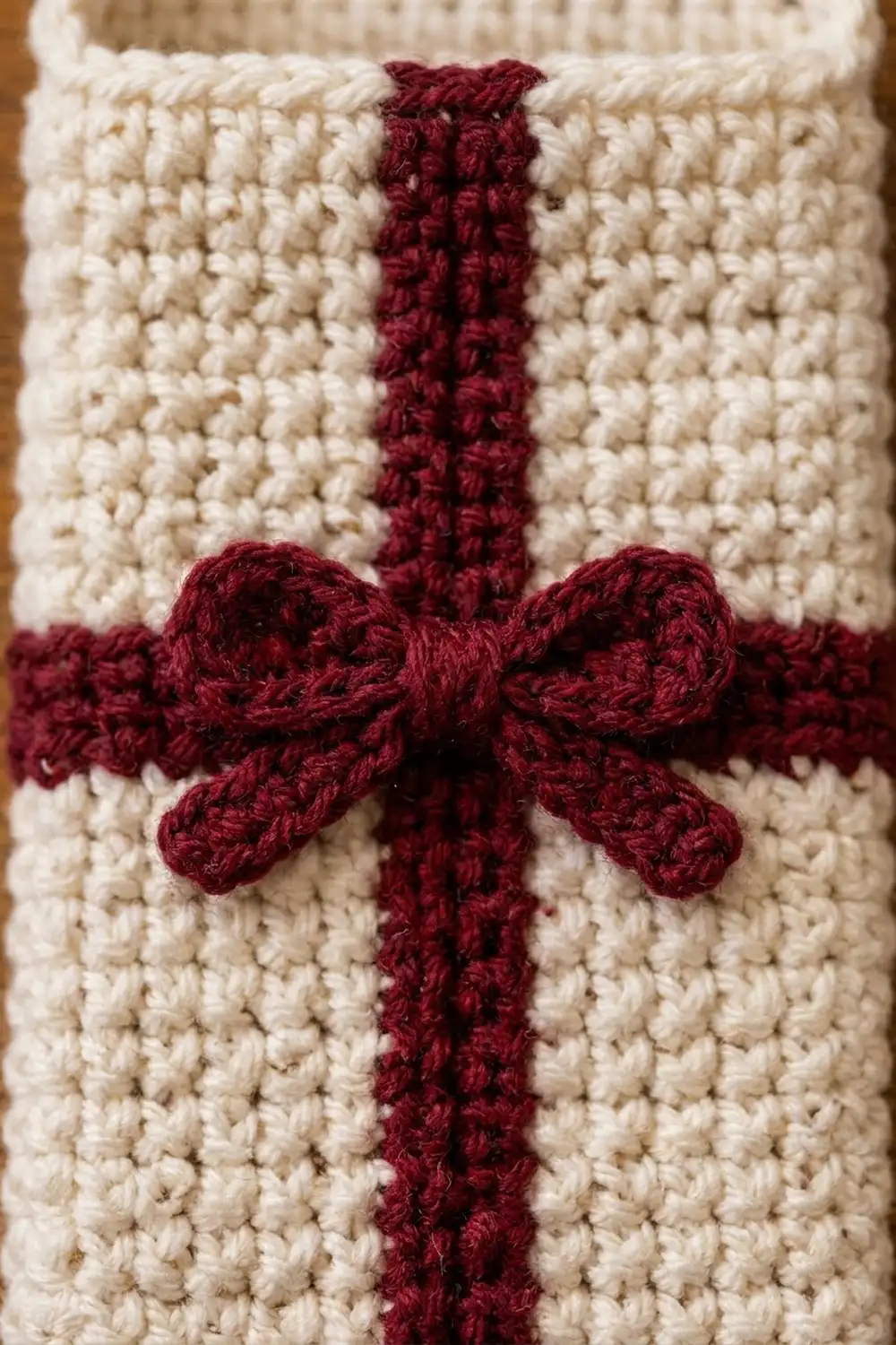 Close-up of cream crochet fabric with a burgundy cross and decorative bows, showing detailed stitch texture.