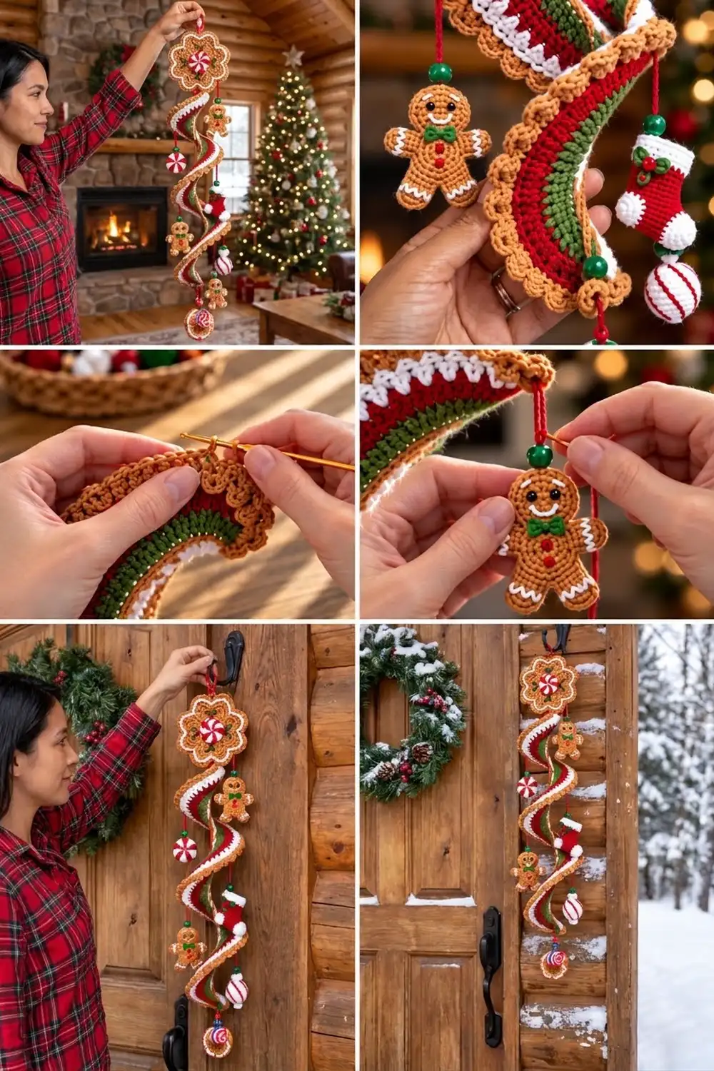 Closeup details of crocheted Christmas ornaments and striped garland featuring gingerbread figures with icing-painted decorations and beads.