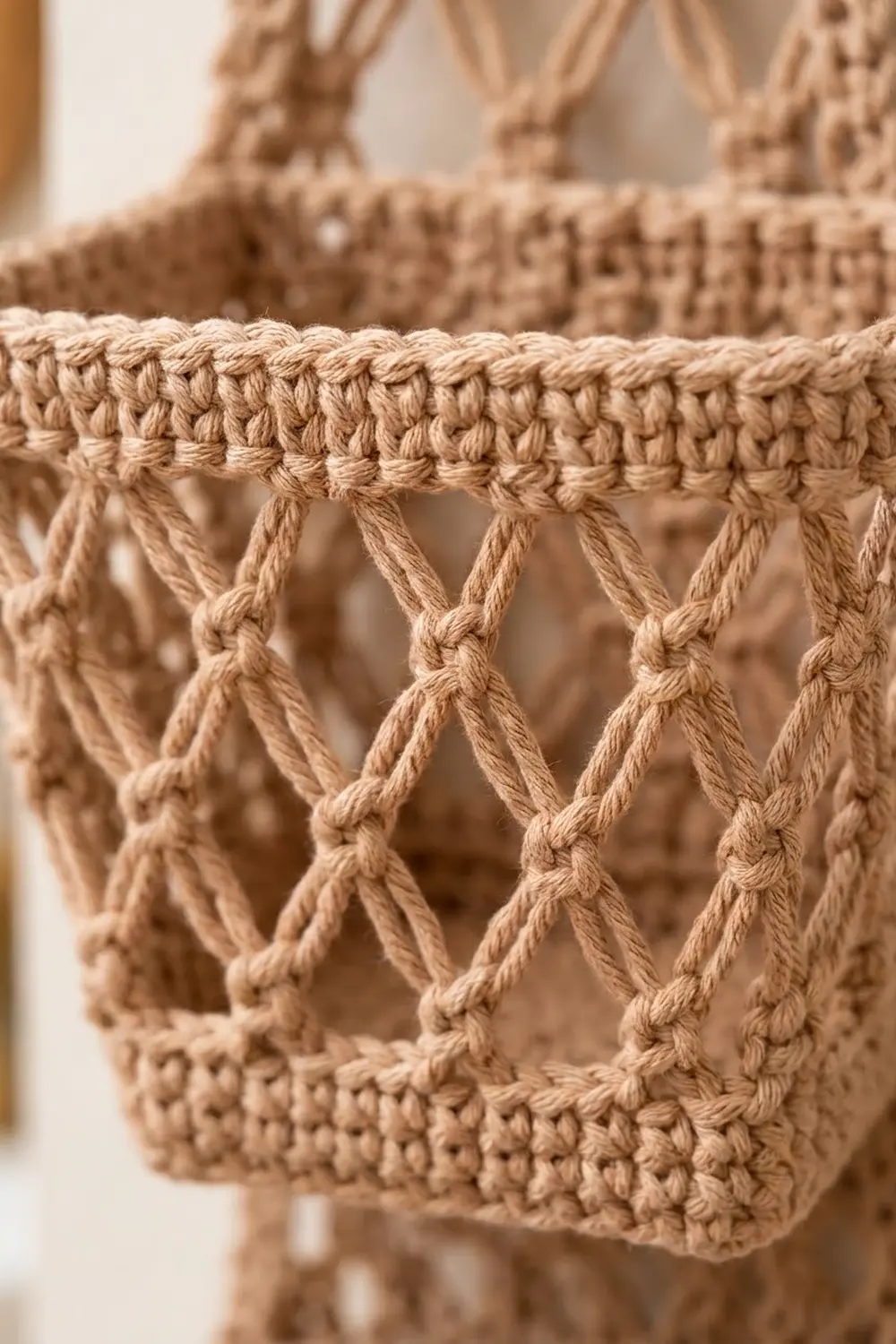 Closeup of natural beige macramé rope netting with geometric diamond pattern and detailed knots.