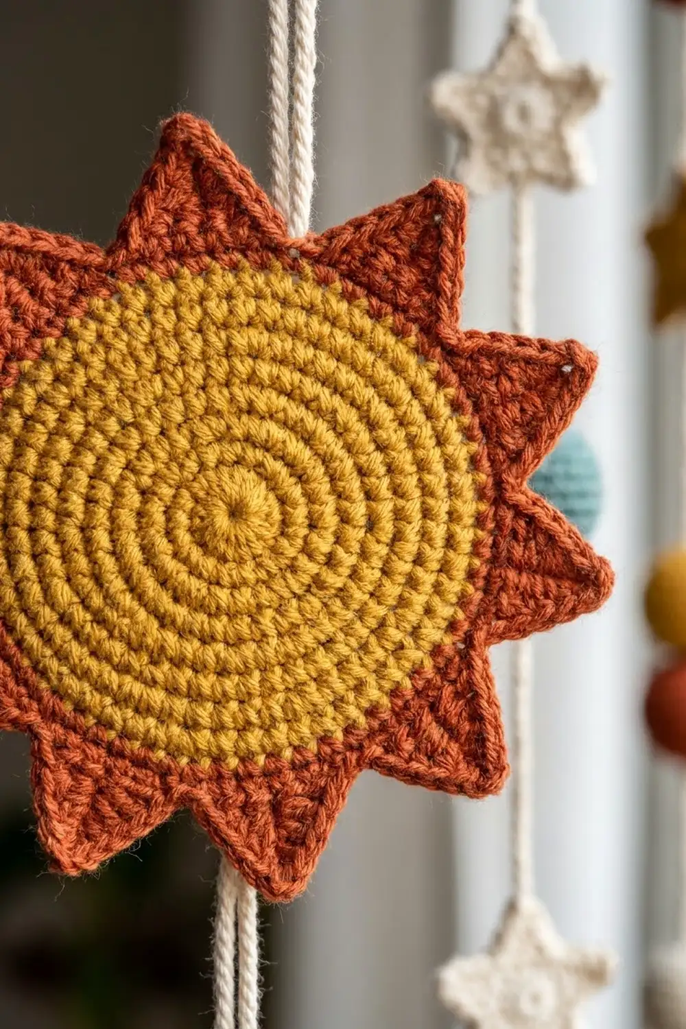 Close-up of a crocheted star ornament with golden center and burnt-orange points, hanging from a cream cord.