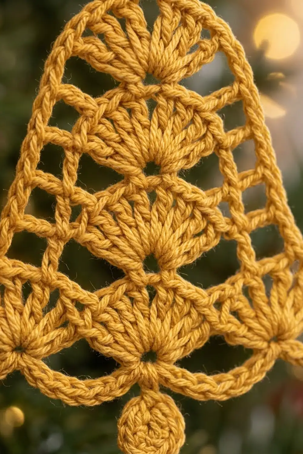Close-up of golden yellow crocheted lace ornament with intricate shell stitch pattern and blurred bokeh background.